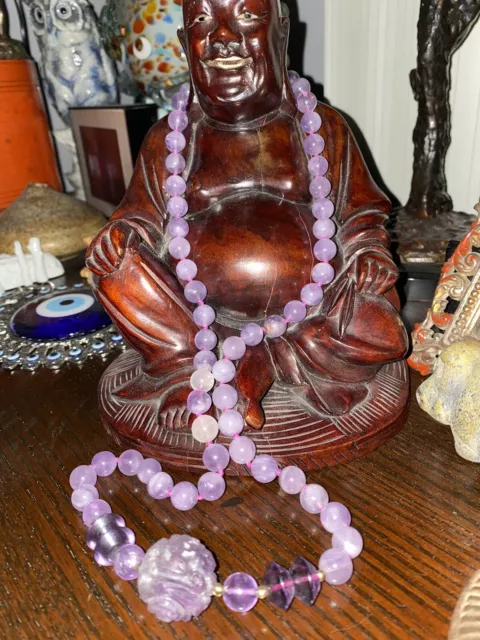 Antique Old Chinese Carved Amethyst Shou Bead Necklace 30” Long