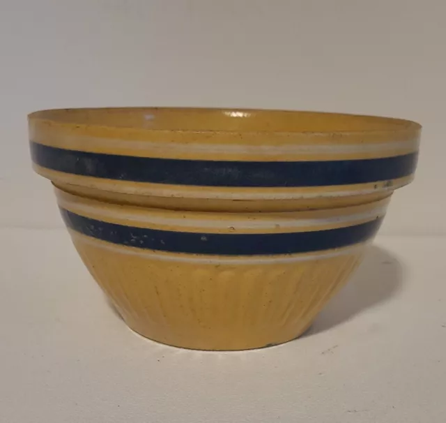 ANTIQUE BLUE & WHITE Banded Yellow Ware Mixing Bowl PRIMITIVE 8.25"