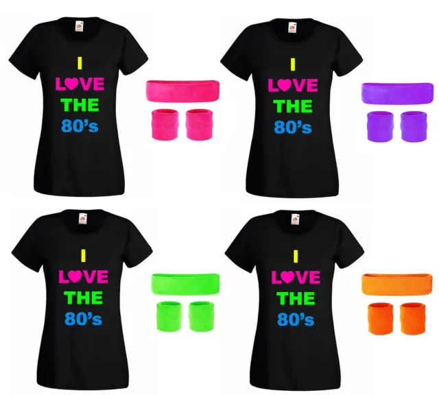 Ladies I Love The 80S Tshirt Headband & Wristband Set Neon Party Disco Fashion