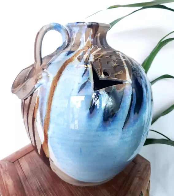 Vintage Australian Drip Glaze Art Pottery Vase - Rustic Blue Brown Décor 27cm