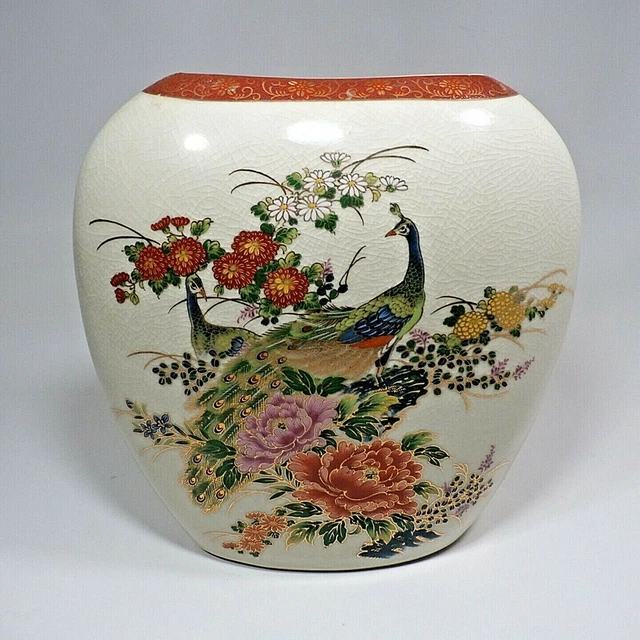 VINTAGE 9& LARGE Satsuma Golden Double Peacock Vase with Flowers Marked