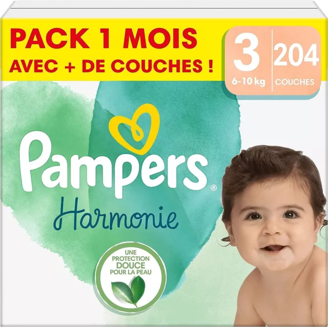Pampers Couches Harmonie Taille 3 (6-10 kg), 204 Couches Bébé, Pack 1 Mois