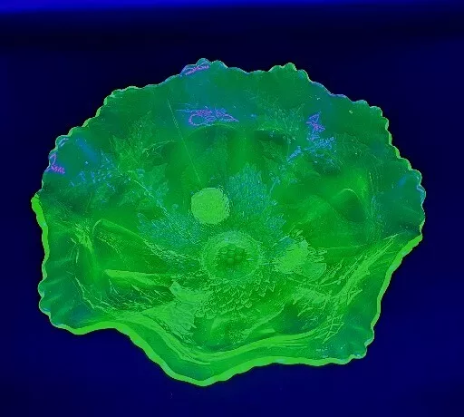 Fenton Stag & Holly Green Uranium Glass 3 Toed Ruffled Dish - 11"