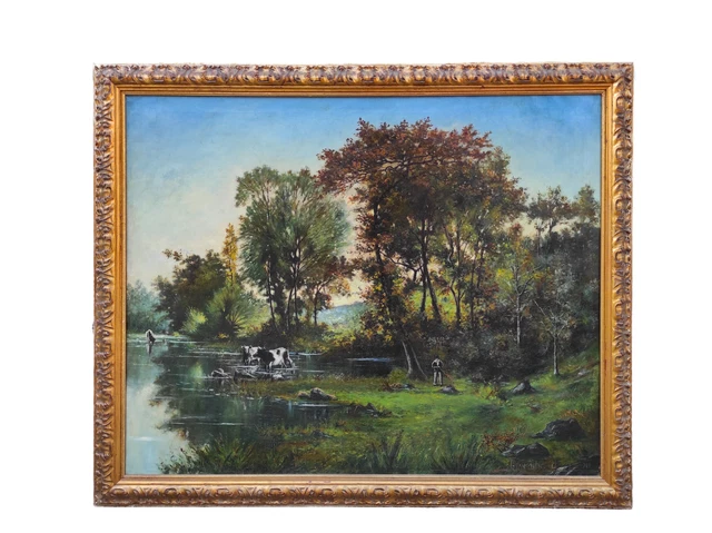 Paesaggio boschivo con figure - Dipinto ad olio su tela, 1890