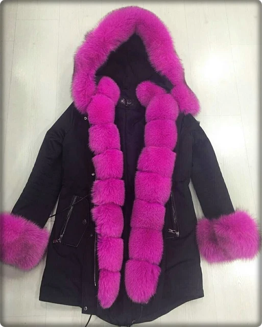 Parka D'hiver Avec Capuche En Véritable Fourrure De Renard - Taille XXL, Couleurs Rose Et Noir - Neuf Sans étiquettes