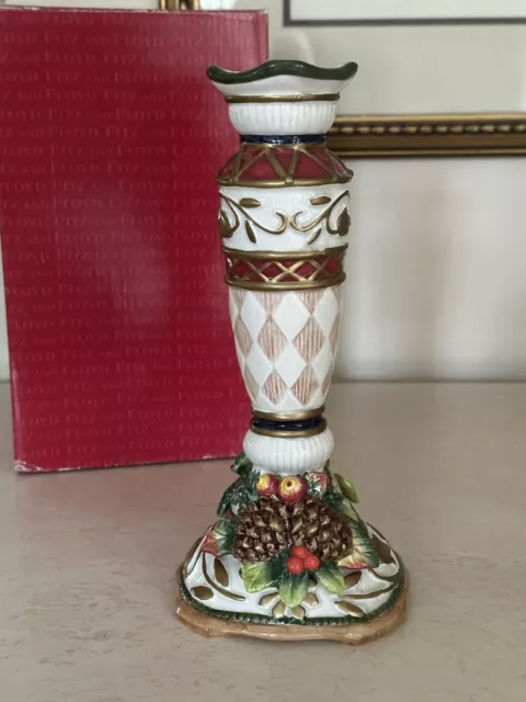 FITZ & FLOYD CANDLESTICK “JOLLY OLE SAINT NICK” CHRISTMAS  9.5” In BOX