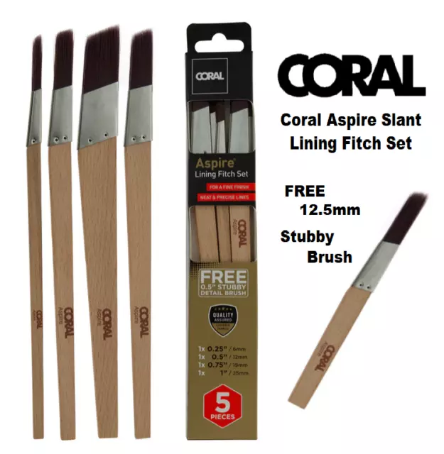 Coral Angled Paint Brush Aspire Slant Lining Flat Fitch Synthetic Set 5 Piece