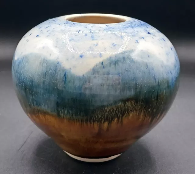 Vintage Studio Art Pottery Vase Brown And Blue Glazed Signed 4 1/8" Nature Scene