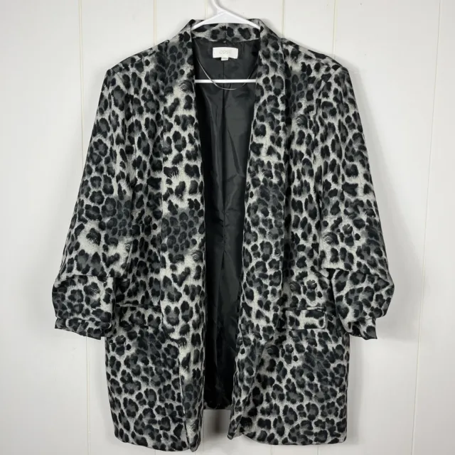 Oddy Women Animal Print Blazer 3XL Black Gray 3/4 Ruched Sleeve Jacket Open