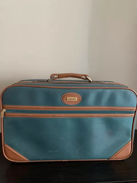 Jaguar Luggage Suitcase Travel Bag Green Brown Leather Trim