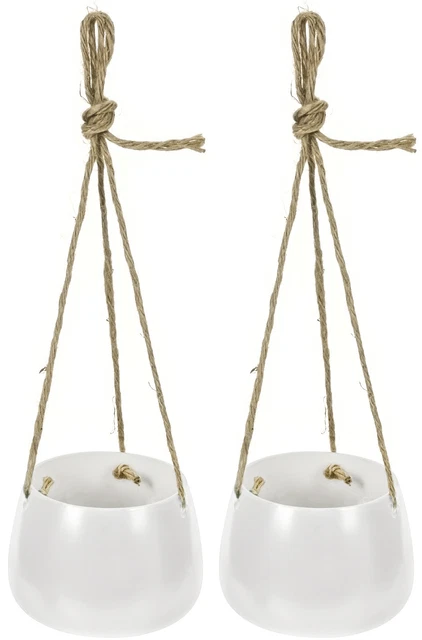 Juego De 2 Colgante Macetas Blanco Cerámica Decorativo Interior Con Cuerda