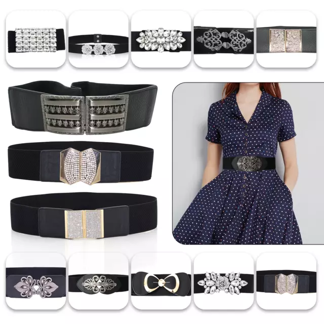 Women Ladies Wide Fashion Belt Black with Buckle Waist Belt Elastic Stretch Gift