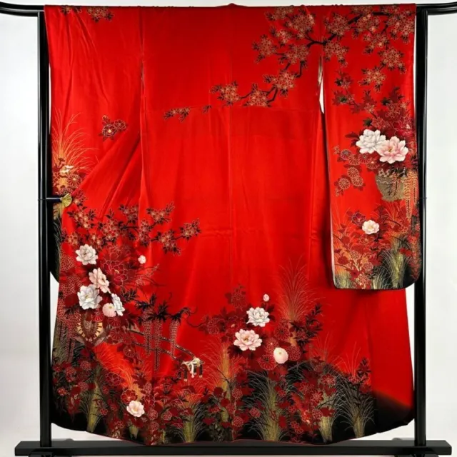 Japanese Kimono Furisode Pure Silk Frail Moutan Gold Paint Lame Red Formal Wear