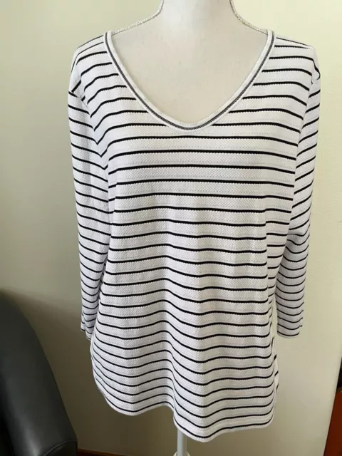 T By Talbots Striped  3/4 Top Black White Ruched V Neck Womens Size XL