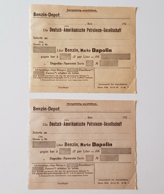 Benzin Dapolin Tankquittung Deutsch Amerikanische Petroleum Gesellschaft um 1920