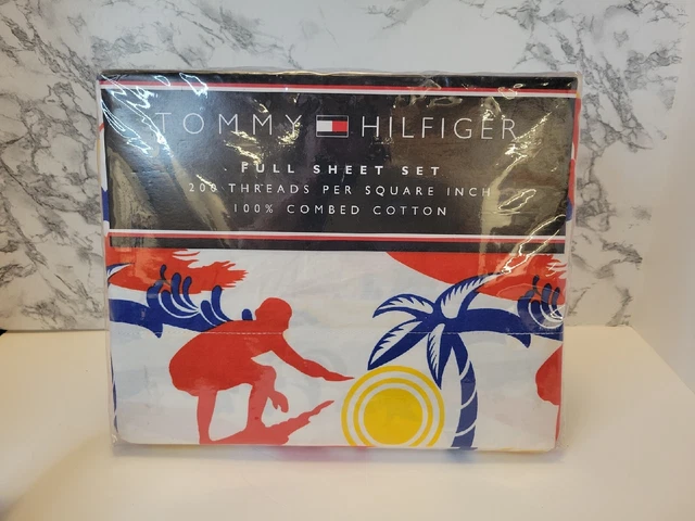 TOMMY HILFIGER FULL 4PC 100% Cotton Sheet Set Longboard Surf Board Palm Tree Sun