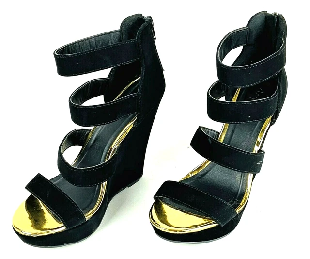 Charlotte Russe Wedge Heels Women's Black Strappy Shoes Zip Back Size 7.5