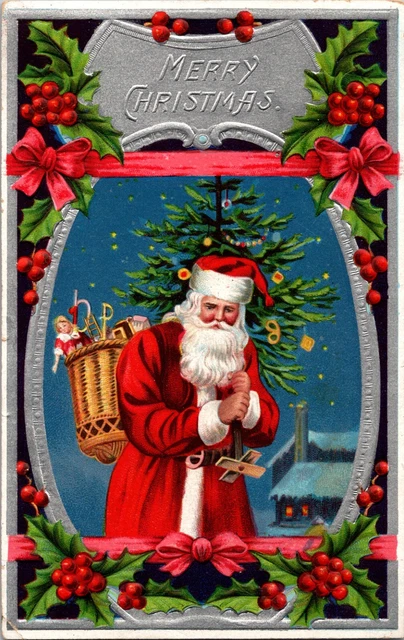 Antique Christmas Postcard Santa Red Robe Fur Lined Wicker Basket Victorian Tree