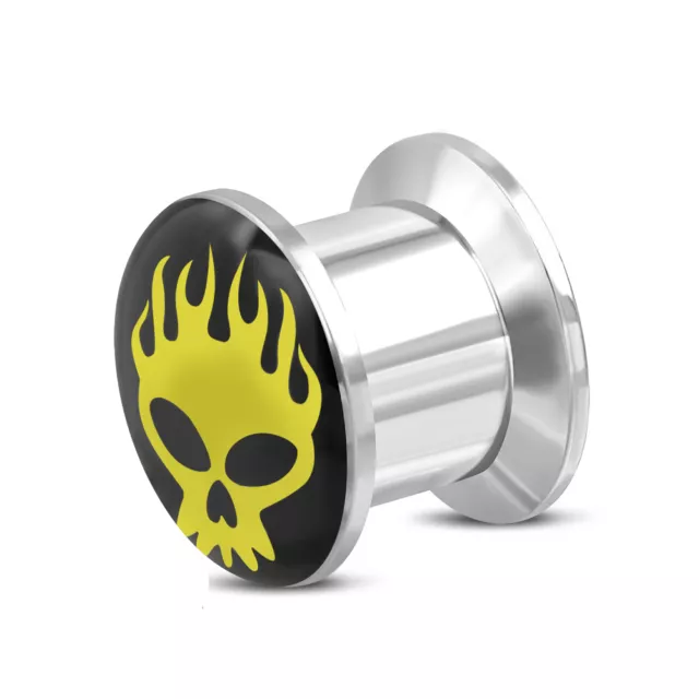 Plug Tunnel Piercing 316L Inox Flaming Tête de Mort Flammes Style Biker Hommes