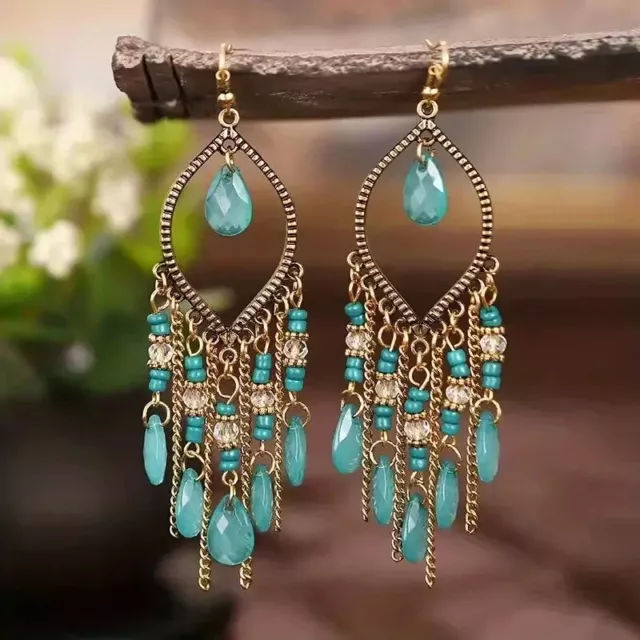 Teal Blue Bohemian Style Hand Braided Long Tassel Beaded Earrings Women Gift New