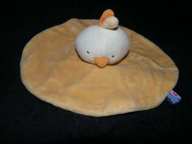 Peluche Doudou Plat Rond Sucre D'orge Poussin Oiseau Jaune Orange Blanc