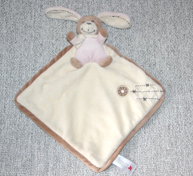 Nicotoy Doudou Lapin Plat Rose Marron Beige Echarpe Ecru Croix Rond Etat Neuf