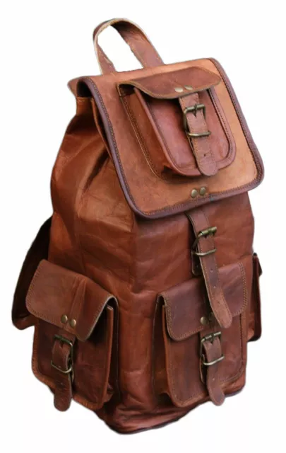 Vintage Unisex Brown Handmade Genuine Goat Leather Backpack Rucksack Travel Bags