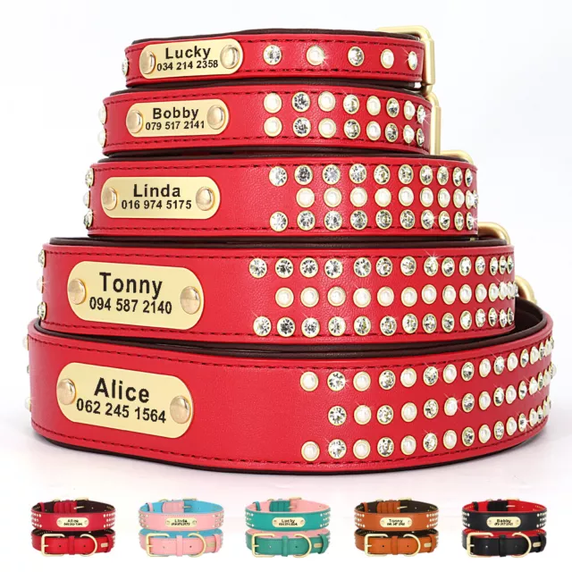 Engraved Pet Dog Collar Rhinestone Personalised With Name Adjustable Small Large