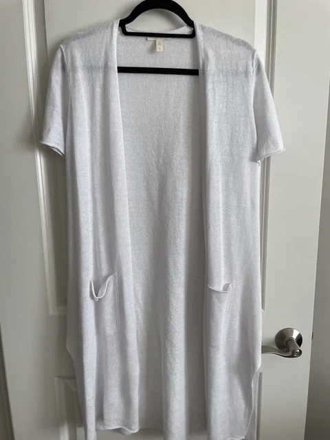 Eileen Fisher womens white s/s open front 100% Organic Linen duster cardigan M
