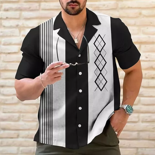 Mens Casual Vintage Bowling Shirt Retro Striped Short Sleeve Button Down Shirts