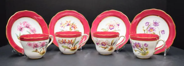 Set of 4 Copeland Spode Orchid Cups and Saucers, Circa 1930, Hand Painted