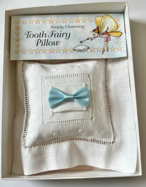 Tooth Fairy Pillow Baby Keepsake White Blue Bow New In Box 6”.