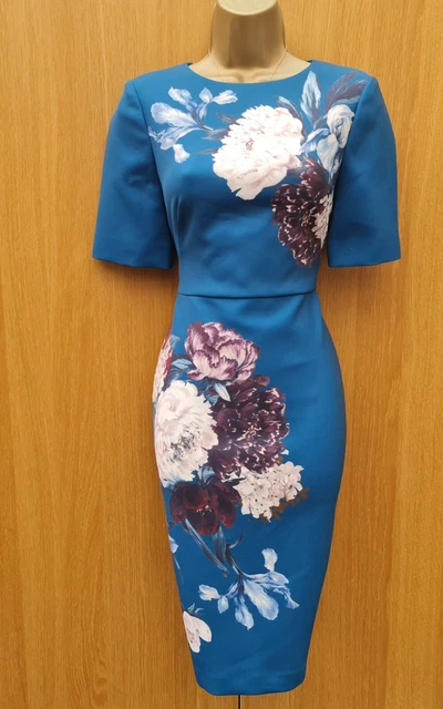 8 UK HOBBS Ladies Hazel Teal Multi Floral Short Sleeved Knee