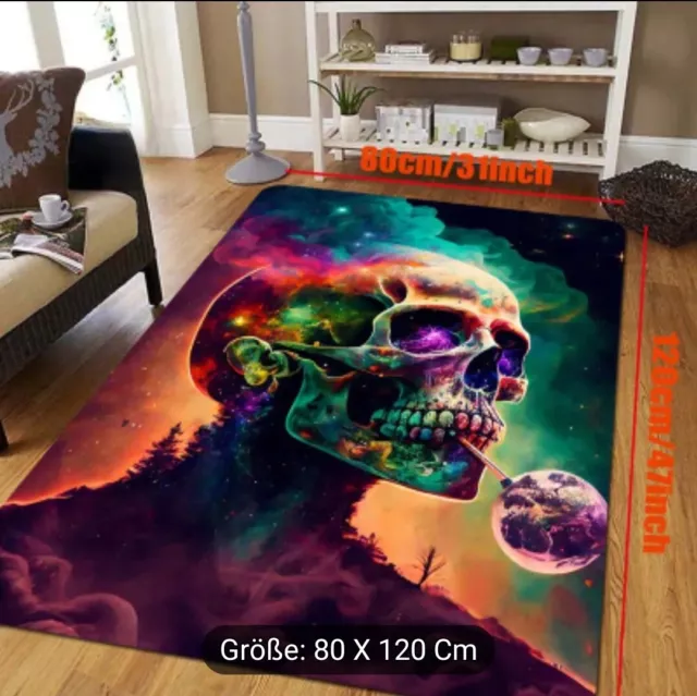 *UV Fluoresziernder Läufer Fußabtreter, Psychodelic Skull, 80x120cm - SOFT-NEU*