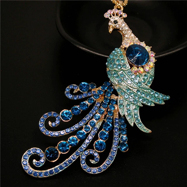 Betsey Johnson Rhinestone Peacock Blue Crystal Pendant Chain Necklace Gift 2