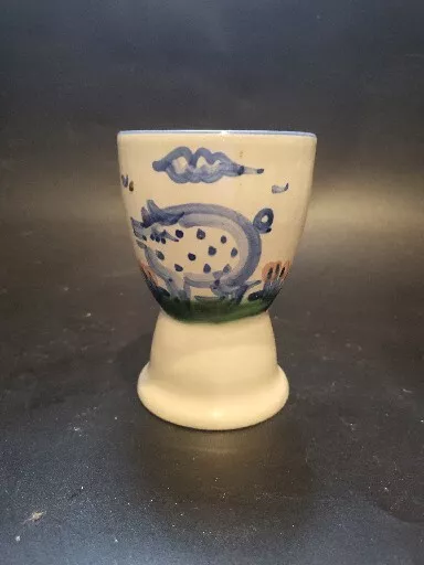 M A Hadley USA Handmade Pottery Stoneware Egg Cup Hand Painted PIG The End 4"