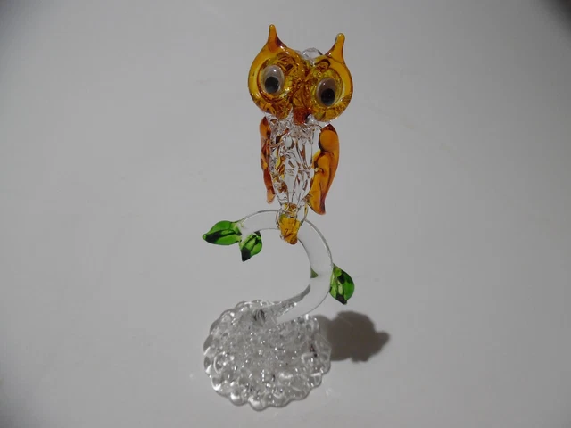 Vintage Art Glass Blown Spun Glass Owl on Perch Figurine 5"