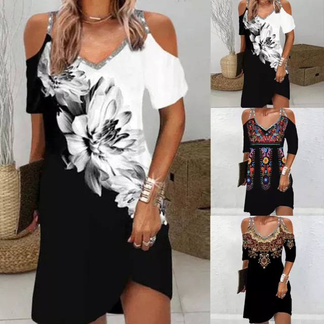 Womens V Neck Floral Mini Dress Casual Cold Shoulder Holiday Summer Party Dress