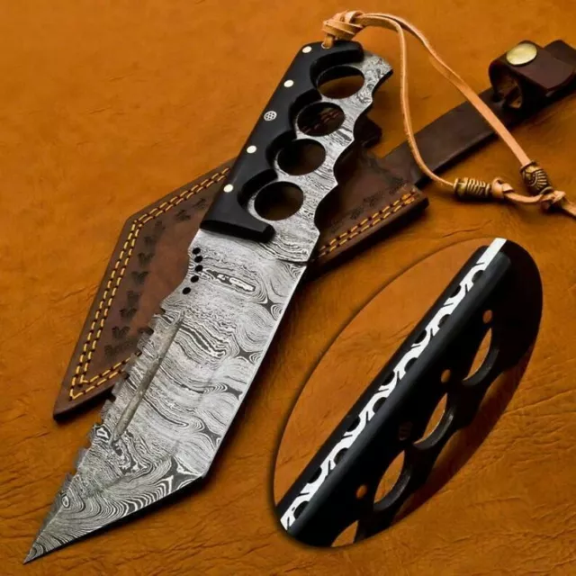 13" Custom Handmade Damascus Steel Hunting Bowie Knife with leather sheath