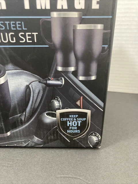 SHARPER IMAGE 2 Pack 14 oz Black Stainless Steel Heated Travel Mug with adapters 2