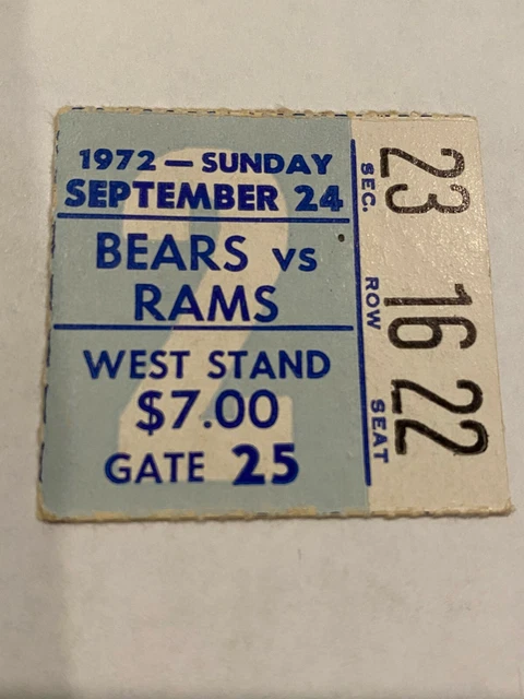 Rare Vintage 1972 Nfl Football Chicago Bears Vs La Los Angeles Rams Ticket Stub