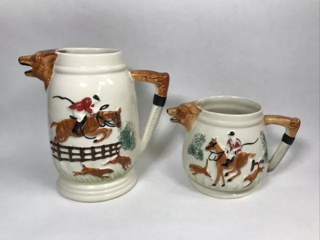 Vintage PPC Portland Pottery Cobridge Fox Head Hound Hunting Jugs Made England