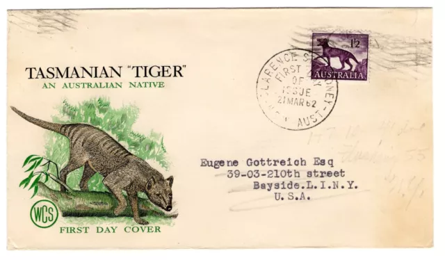 1962 Mar 21st.  WCS, First Day Cover. 1/2d Tasmanian Tiger.