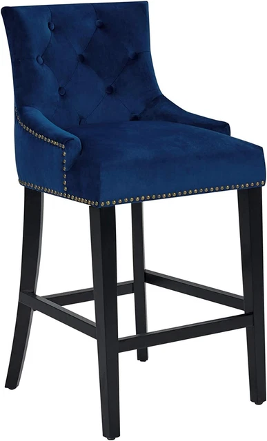 Iconic Home Lyric Counter Stool Chair Button Tufted Velvet Nailhead Trim NAVY