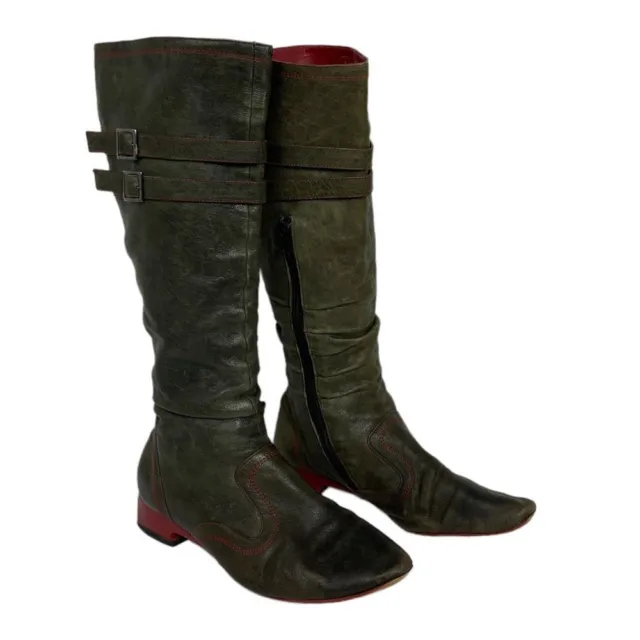 John Fluevog Vintage Tall Leather Boots Knee High Olive Green Size 8 Heeled