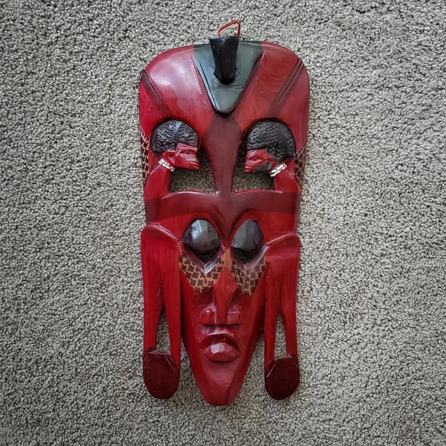 African Wood Carved Mask Decoration Red and Black From Africa - Possibly Masai
