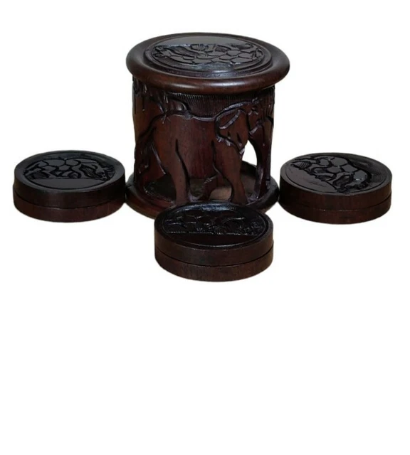 Vintage afrikanische handgeschnitzte Holzuntersetzer Set mit Halter und Deckel Safari Dekor