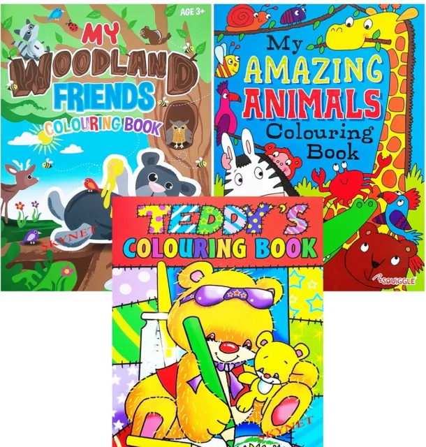 3x Colouring Books For Kids Boys Girls Children Book ANIMALS TEDDYS WOODLANDS