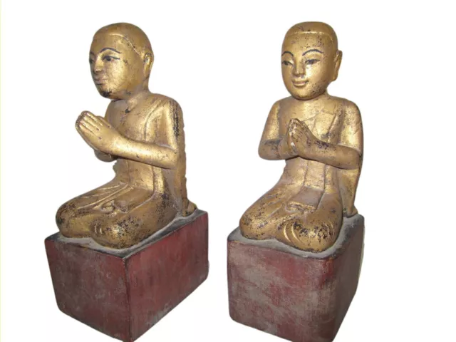Antique Burmese wood Buddha Disciples Monks 19th century Myanmar Burma