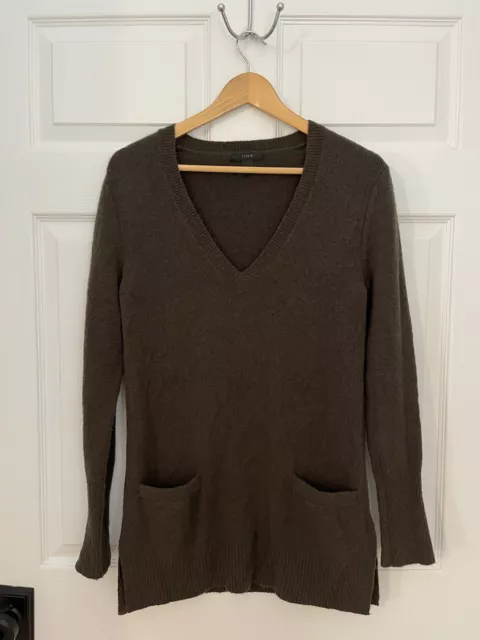 JCrew Womens XXS Brown Alpaca Wool Nylon Blend Long Vneck Tunic Sweater Pockets